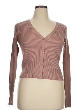 H&M Ribbed V-Neck Button-Front Cardigan - Mauve